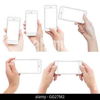 hand holding white phone isolated with clipping path on white background Stock Photo