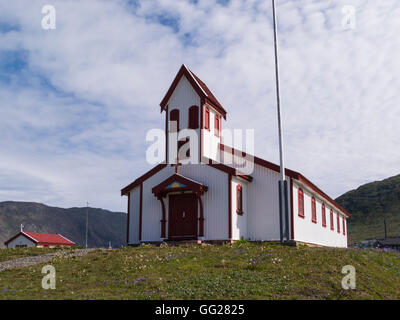 Narsaq church designed by local carpenter Pavia Høegh 1927 extended 1981 Southern Greenland in Kujalleq municipality small fishing farming community Stock Photo