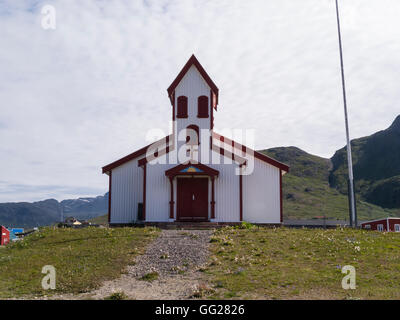 Narsaq church designed by local carpenter Pavia Høegh in 1927 extended 1981 Southern Greenland in Kujalleq municipality small fishing farmingcommunity Stock Photo