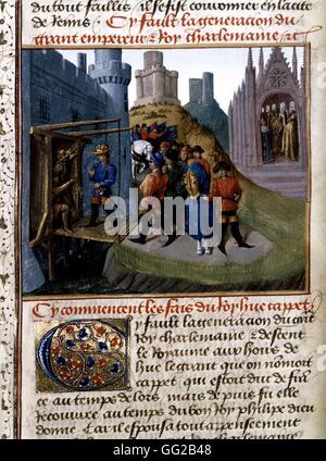 Jean Fouquet miniature, Chronicles of Saint Denis: Hugues Capet (956-987) (duke of France then king of France) is given the keys of Laon city by bishop Asselin 15th century France Stock Photo