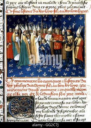 Miniature by Jean Fouquet. Chronicles of Saint Denis. Coronation of Philippe Auguste in Rheims Cathedral, in the presence of the Duke of Normandy, son of Henry II of England (November 1, 1179). 15th C France Paris. Bibliothèque Nationale Stock Photo