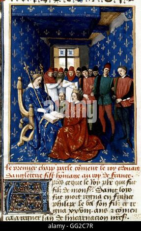 Miniature by Jean Fouquet. Chronicles of Saint-Denis. Edward II, son of Edward I of England, paying tribute to Philip the Fair for the duchy of Aquitaine and his other possessions in France 15th C France Paris. Bibliothèque Nationale Stock Photo