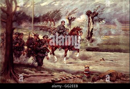J. Kossak. Pilsudski mounted, leading the Polish troops while crossing the frontier between the Austrian Poland and the Polish territories dominated by the Russian August 6, 1914 Poland Stock Photo