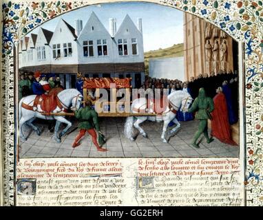 Miniature by Jean Fouquet. Chronicles of Saint-Denis. Charles IV (1355-1378) and his son welcomed by the dukes of Berry and Burgundy on the way to Saint-Denis, and by the provost of the merchants and bourgeois. 15th C France Paris. Bibliothèque Nationale Stock Photo