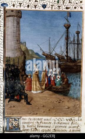 Miniature by Jean Fouquet. Chronicles of Saint-Denis. Isabelle of France, Queen of England, landing on the Suffolk coast in 1326, with her son, the future Edward III.  15th C France Paris. Bibliothèque Nationale Stock Photo