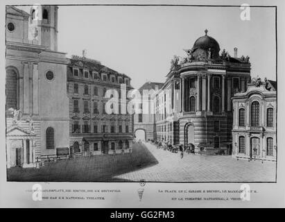 St. Michael's Church Square and the National Theatre (on the right) of Vienna Lots of Beethoven concerts have been held in that theatre. Stock Photo