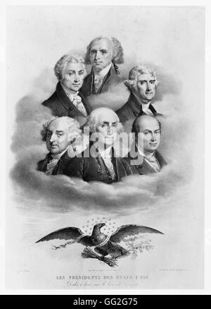 The Presidents of the United States of the America. The caption reads: 'Dedicated to their friend, General Lafayette' Engraving Stock Photo