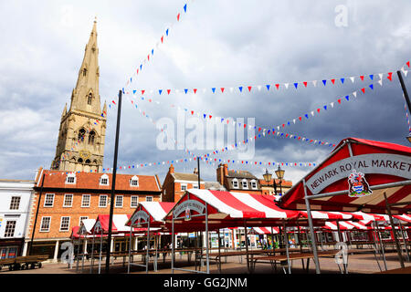 Newark on Trent Royal Market with the church of St Mary Magdalene. Nottinghamshire, England. Stock Photo