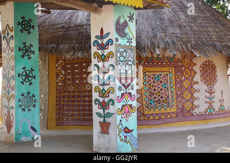 LUDIYA, GUJARAT, INDIA - DECEMBER 20, 2013: Traditional houses (Bhungas) in Ludiya, a local village near Bhuj Stock Photo