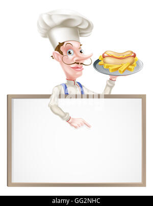 An Illustration of a Cartoon Hotdog Chef Above Sign Stock Photo