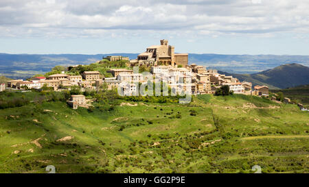 View on the town Ujue (Uxue in Basque) and it's 12th century fortified church in Navarre, Spain Stock Photo