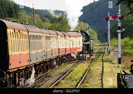 Steam train leaving Levisham station on the North Yorkshire Moors Railway (seen from the station platform). Stock Photo