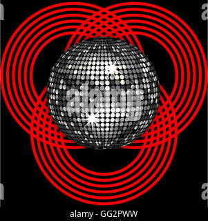 Silver 3D Disco Ball Over Black Background with Red Circle Patter Stock Photo