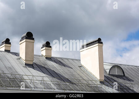 Old rusty metal corrugated roof with chimneys Stock Photo