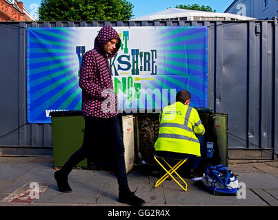 Openreach engineering checking phone lines in switch box, England UK Stock Photo