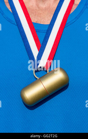 Cheating athlete with gold and silver medal capsule hanging from a red white and blue ribbon Stock Photo