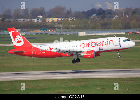 BERLIN, GERMANY - AUGUST 17, 2014: Air Berlin Airbus A319 arrives to the Tegel International Airport. Stock Photo