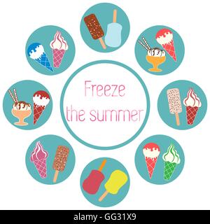 Nice picture of a colored scheme with various kinds of delicious ice cream and inscription on a white background Stock Vector