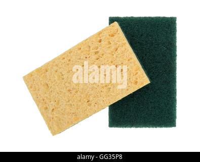 Two new cellulose sponges with one having a scouring pad isolated on a white background. Stock Photo