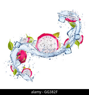 Pieces of dragon fruit, pitahaya, in water splash and ice cubes, isolated on white background Stock Photo