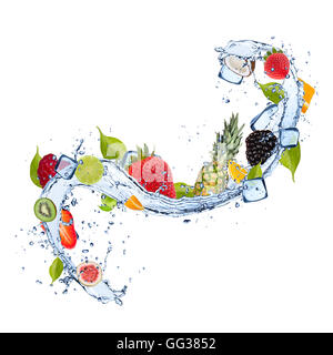 Mix of fruit in water splash and ice cubes, isolated on white background Stock Photo