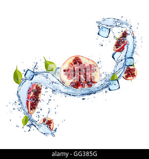 Pieces of pomegranates in water splash and ice cubes, isolated on white background Stock Photo