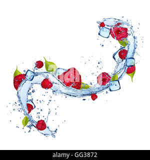 Raspberries in water splash isolated on white background Stock Photo
