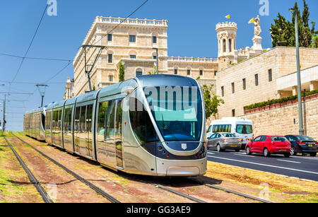 New tram in Jerusalem, Light Rail Transit, near the Old City, Jerusalem, Israel, Western Asia 