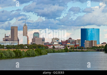 View of Indianapolis, Indiana skyline from river. Image of summer day in Indianapolis, Indiana, US. Stock Photo