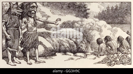 “The Witch’s cooking pit.” The Witch or Ogress shows Coyote the pit where she cooks her captives as those who are next weep waiting surrounded in piles of bones. From ‘Adventures of the Coyote’ an anthropomorphic character common to the folklore of many indigenous North American peoples. Illustration of a Salish Indian traditional story by Frederick N. Wilson (1876-1961). Stock Photo