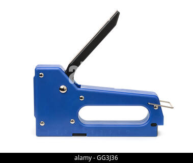 Blue plastic construction stapler isolated on white Stock Photo