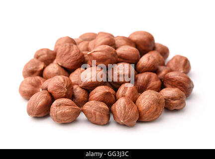Pile of peeled hazelnuts isolated on white Stock Photo