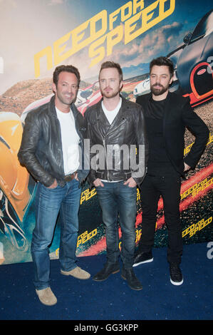 Scott Waugh,Aaron Paul and Dominic Cooper at the Need For Speed - VIP film screening'  Odeon West End in London Stock Photo