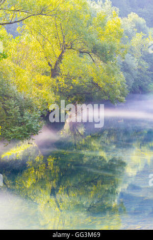 Morning misty fog above water surface river Dobra in Croatia fantastic views view Stock Photo