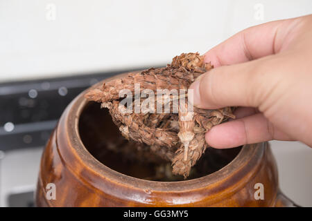 putting herbal to an enamel pot to decoct herbal medicine Stock Photo