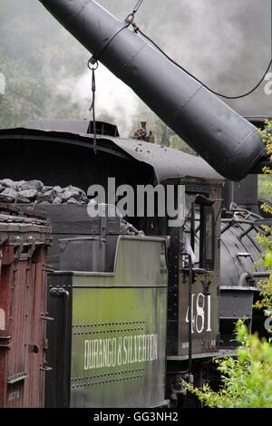 Steam locomotive taking on water on the Durango and Silverton Narrow Gauge Railroad Stock Photo