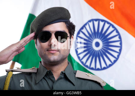 Security guard wearing sunglasses while saluting Indian flag Stock ...