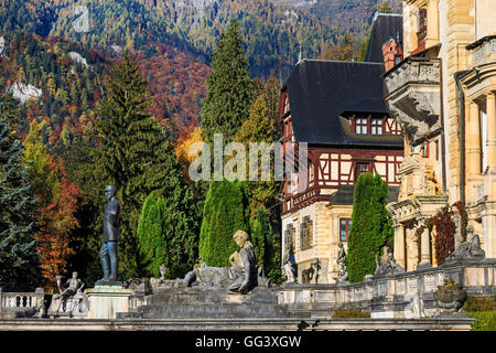 Peles Castle, Romania. Famous royal castle and garden in Sinaia in autumn Stock Photo