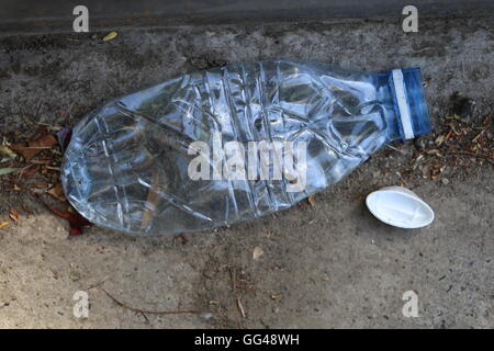 Crushed Plastic Bottle on the Ground. Squeezed plastic bottle on the land. Disposable bottle thrown away on the ground, on dry fall leaves. Stock Photo
