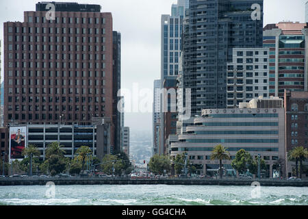 Looking up Howard street in San Francisco from a boat in the harbor. Stock Photo