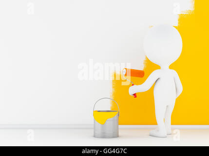3d renderer image. White people painting wall with a roller. Stock Photo
