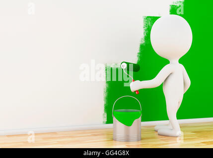 3d renderer image. White people painting wall with a roller. Stock Photo