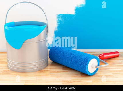 3d renderer image. Full paint bucket with roller. Stock Photo