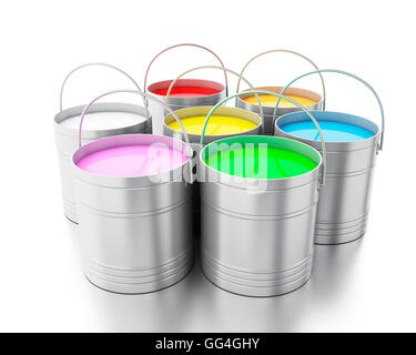 3d renderer image. Full paint buckets. Isolated white background. Stock Photo