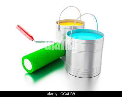 3d renderer image. Full paint buckets and paint roller. Isolated white background. Stock Photo