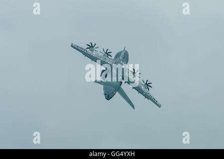 Demonstration flight at rainy day of the military transport aircraft Airbus A400M Atlas. Stock Photo