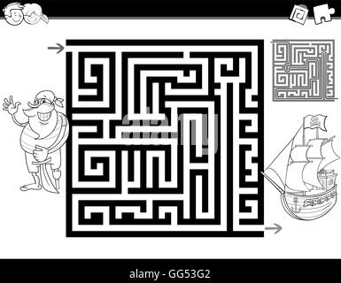 Black and White Cartoon Illustration of Education Maze or Labyrinth Activity Task for Children with Pirate and Ship for Coloring Stock Vector