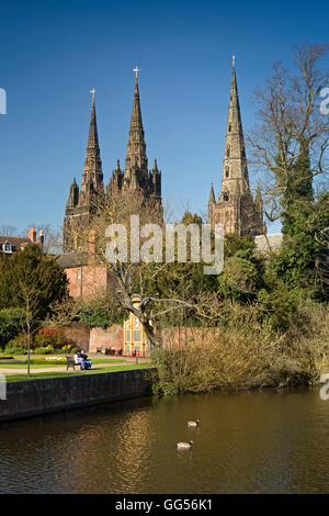 UK, England, Staffordshire, Lichfield, Cathedral from Minster Pool Garden of Remembrance Stock Photo