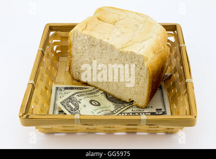 5 and 1 dollar notes with half a loaf of white bread in basket isolated on white Stock Photo