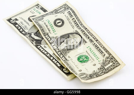 1 and 6 dollar note isolated on white close up Stock Photo